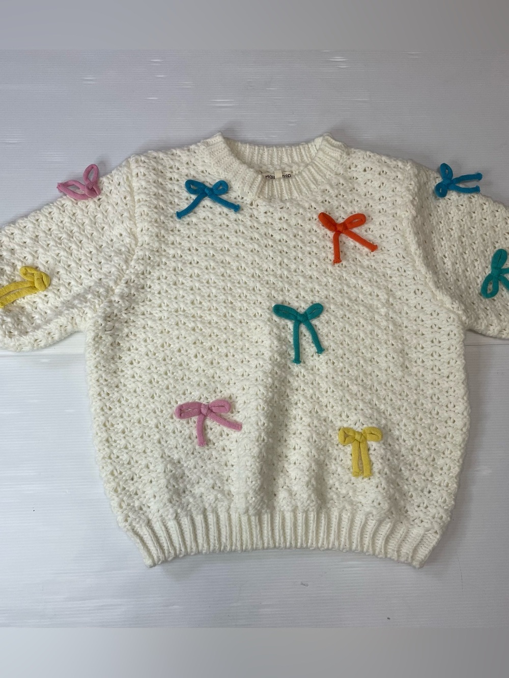 Main Strip Ribbon Bow Knit Short Sleeve Top Size L Colorful